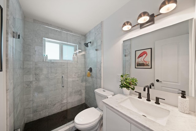 bathroom featuring toilet, a stall shower, and vanity