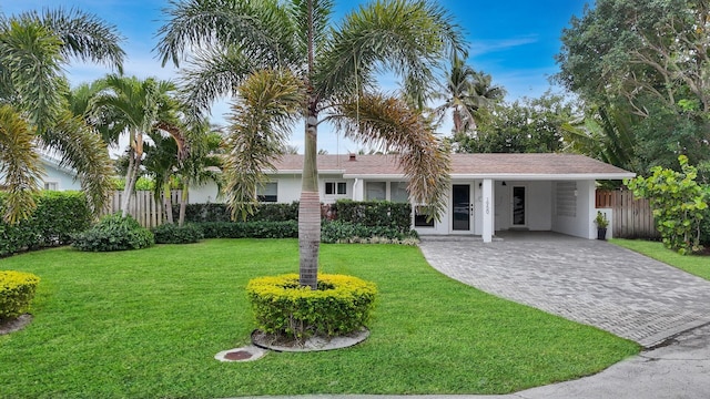 single story home with decorative driveway, stucco siding, fence, an attached carport, and a front lawn