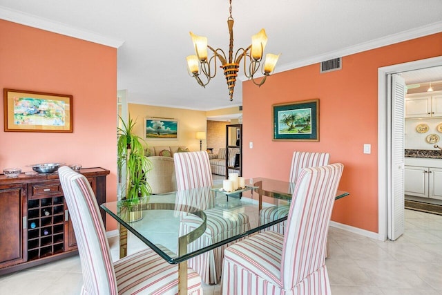 dining space featuring light tile patterned floors, visible vents, a chandelier, and ornamental molding