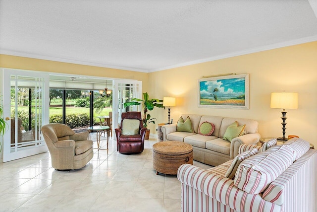 living room featuring light tile patterned floors, ornamental molding, and a textured ceiling