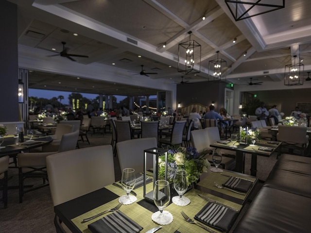 dining area with a ceiling fan, visible vents, coffered ceiling, and beamed ceiling