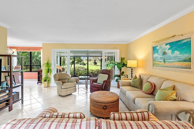 living area featuring light tile patterned floors and ornamental molding