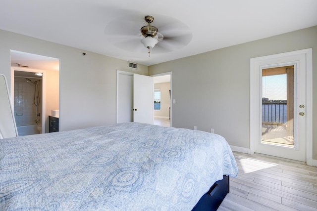 bedroom with visible vents, a ceiling fan, connected bathroom, light wood-type flooring, and baseboards