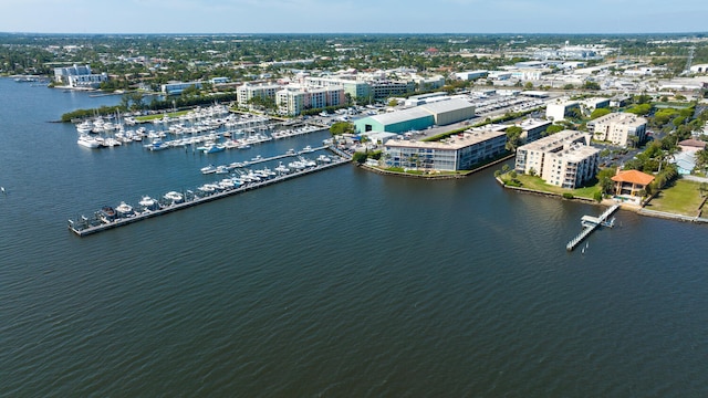 aerial view with a water view and a view of city