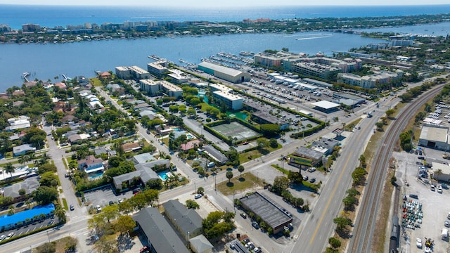 drone / aerial view with a water view