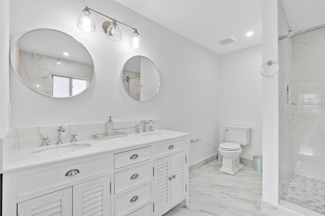 full bath with a marble finish shower, marble finish floor, a sink, and toilet