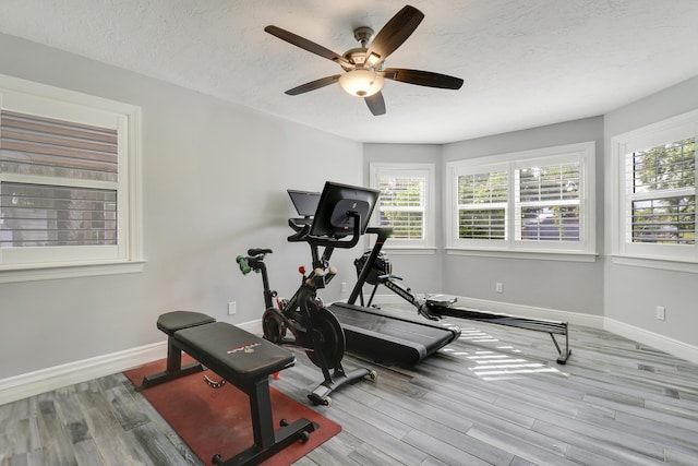 workout area with a ceiling fan, a textured ceiling, baseboards, and wood finished floors