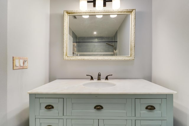 full bathroom with vanity and a shower with shower curtain