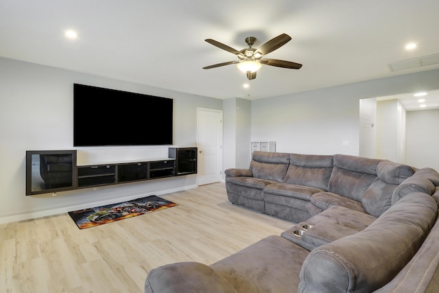 living room featuring baseboards, visible vents, ceiling fan, wood finished floors, and recessed lighting