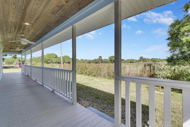 wooden deck featuring covered porch and a ceiling fan