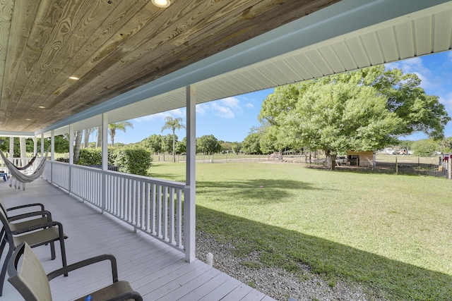 deck with a lawn and fence