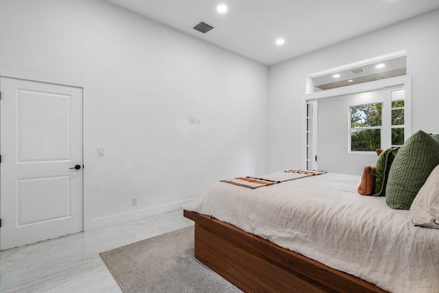 bedroom with baseboards, visible vents, and recessed lighting