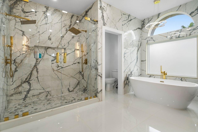 bathroom with stone wall, toilet, marble finish floor, a soaking tub, and a marble finish shower