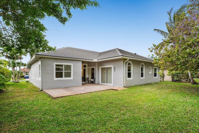 rear view of house with a patio area, a lawn, and stucco siding