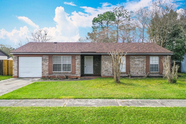 ranch-style home with a garage, driveway, a shingled roof, and a front yard