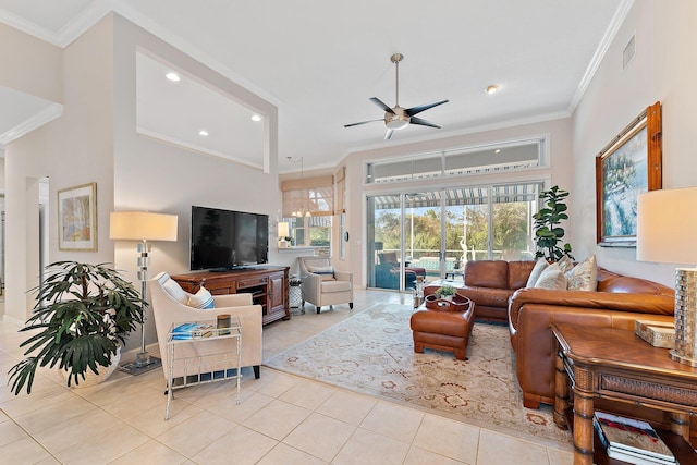 tiled living area featuring ornamental molding, recessed lighting, visible vents, and ceiling fan