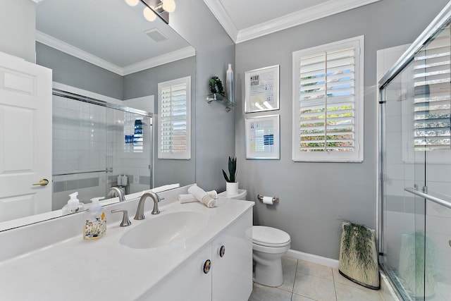 bathroom with crown molding, visible vents, a shower stall, tile patterned flooring, and baseboards