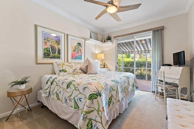 bedroom with carpet floors, access to outside, and crown molding