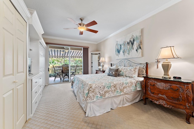 bedroom with light carpet, access to exterior, a ceiling fan, and crown molding