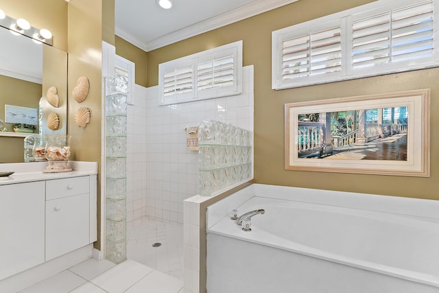 full bath featuring tile patterned flooring, vanity, ornamental molding, a bath, and walk in shower