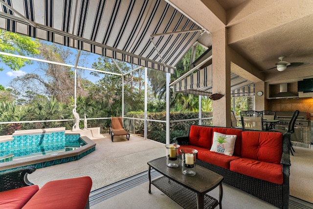 view of patio with an outdoor pool, a ceiling fan, a lanai, an outdoor living space, and outdoor dining space