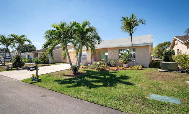 single story home with driveway, a front lawn, and stucco siding