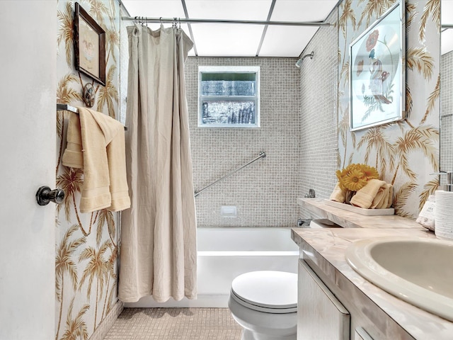 bathroom featuring toilet, shower / tub combo, tile patterned flooring, and vanity