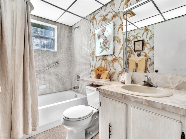 full bath with wallpapered walls, toilet, shower / bathtub combination with curtain, tile patterned flooring, and vanity