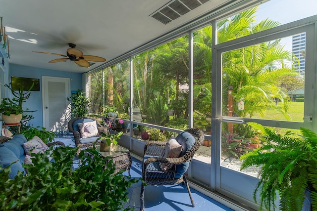 sunroom featuring ceiling fan and visible vents