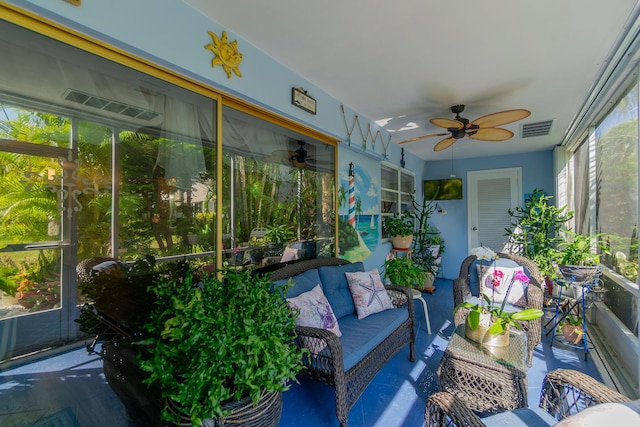 sunroom with ceiling fan and visible vents