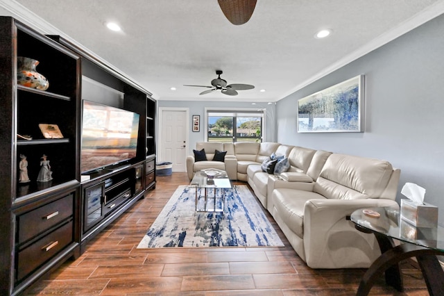 living room featuring ceiling fan, wood finish floors, recessed lighting, and crown molding