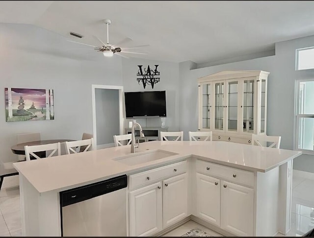 kitchen featuring visible vents, a ceiling fan, open floor plan, a sink, and dishwasher