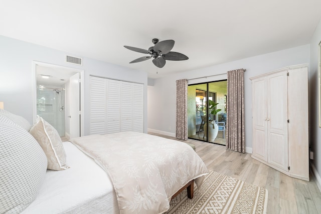 bedroom featuring light wood finished floors, visible vents, baseboards, a ceiling fan, and access to outside