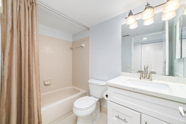 bathroom with visible vents, toilet, tile patterned floors, shower / bathtub combination with curtain, and vanity