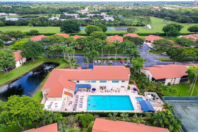 drone / aerial view featuring a water view