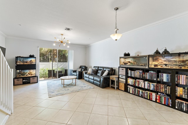 living room featuring tile patterned floors, visible vents, a notable chandelier, and ornamental molding