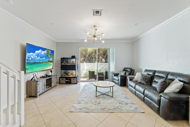 living area with an inviting chandelier, crown molding, light tile patterned flooring, and visible vents