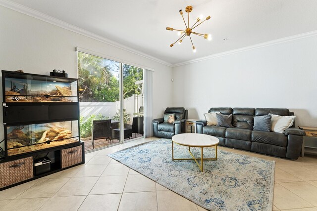 tiled living room with crown molding and a notable chandelier