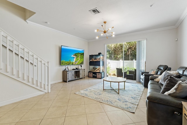 living area featuring tile patterned floors, visible vents, a chandelier, and crown molding