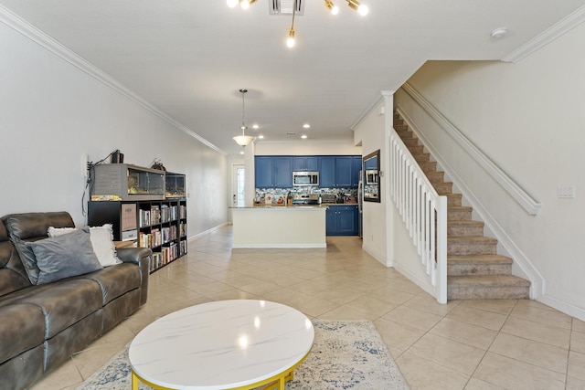 living area featuring crown molding, stairway, light tile patterned floors, and visible vents