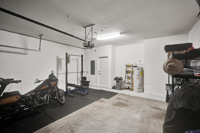 workout room featuring a garage, electric panel, electric water heater, and a textured ceiling