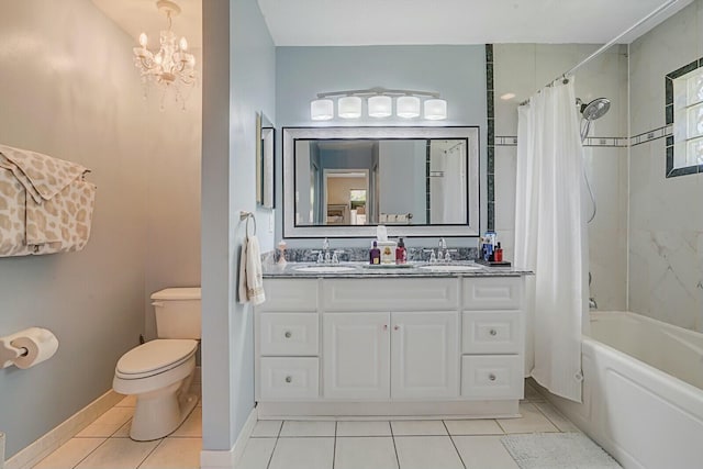 full bath with double vanity, toilet, tile patterned flooring, shower / bath combination with curtain, and a sink