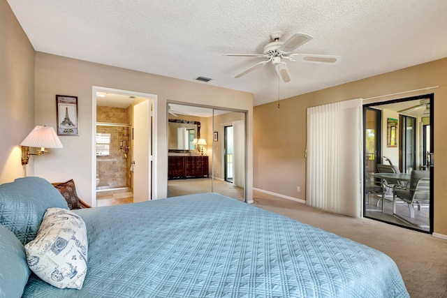 bedroom with carpet, visible vents, a ceiling fan, a textured ceiling, and access to outside