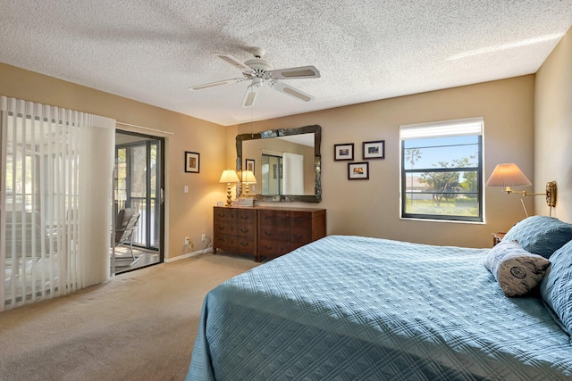 bedroom featuring ceiling fan, a textured ceiling, baseboards, access to exterior, and carpet