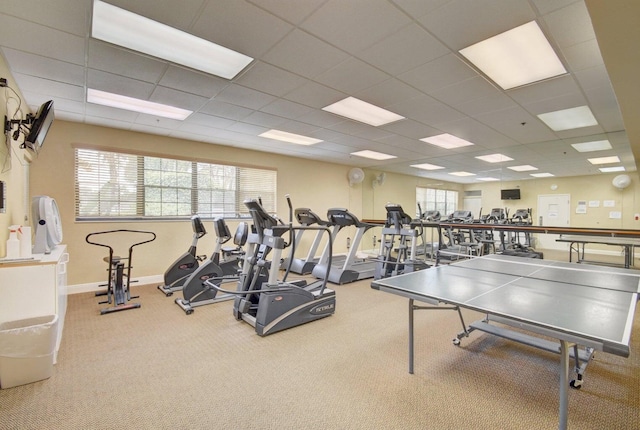 exercise room featuring baseboards, a healthy amount of sunlight, and a drop ceiling