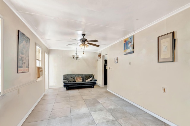 living area featuring light tile patterned floors, ceiling fan, ornamental molding, and baseboards