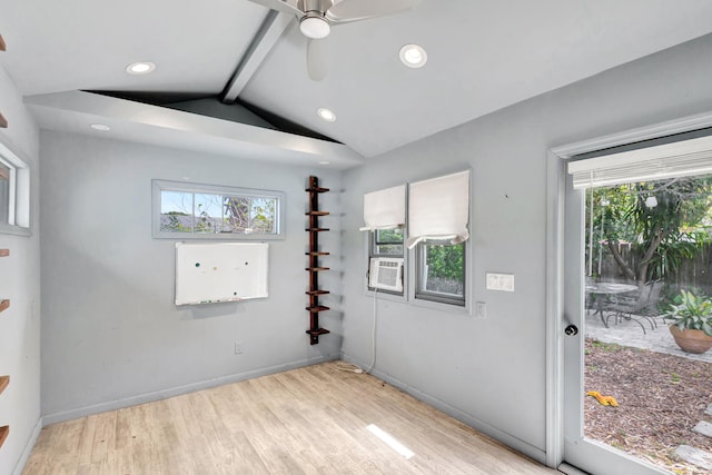 unfurnished room featuring vaulted ceiling with beams, cooling unit, recessed lighting, baseboards, and light wood-style floors