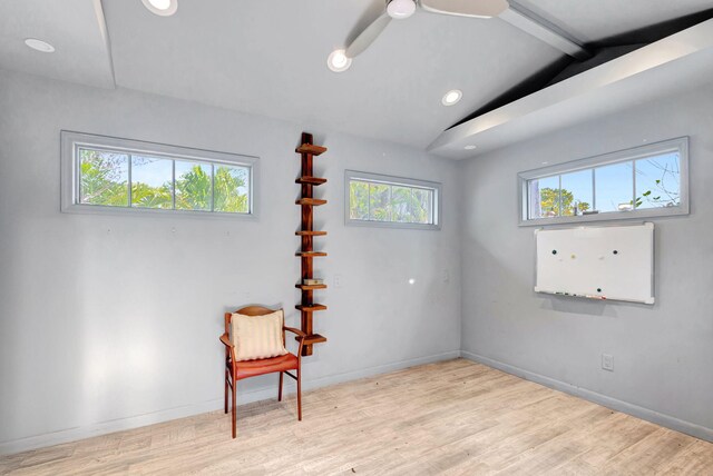 unfurnished room with recessed lighting, vaulted ceiling with beams, baseboards, and wood finished floors