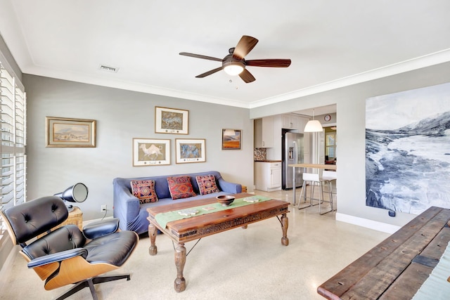 living area with crown molding, a ceiling fan, visible vents, and baseboards