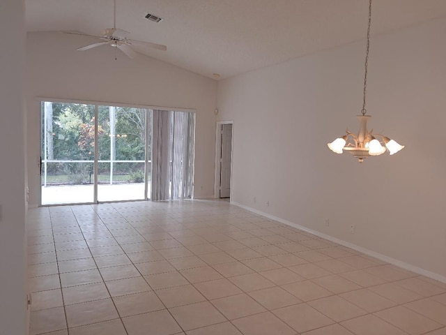 unfurnished room with light tile patterned floors, visible vents, baseboards, high vaulted ceiling, and ceiling fan with notable chandelier